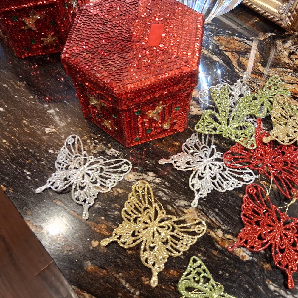 Festive Red Sequin Holiday Box with Decorative Butterflies